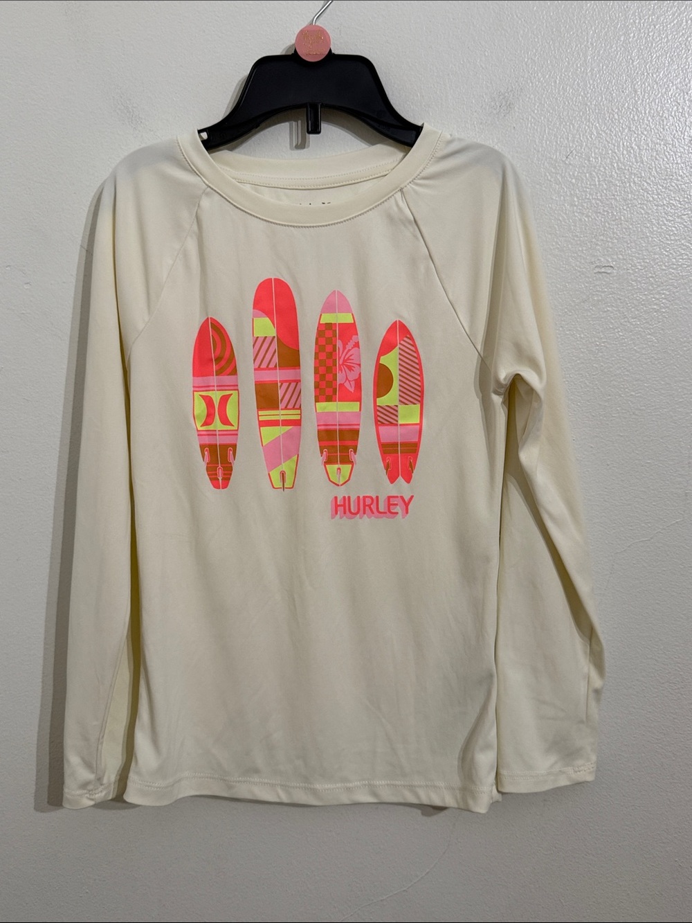 Hurley Long-Sleeve Rash Guard with Neon Pink & Yellow Surfboard Graphics Medium
